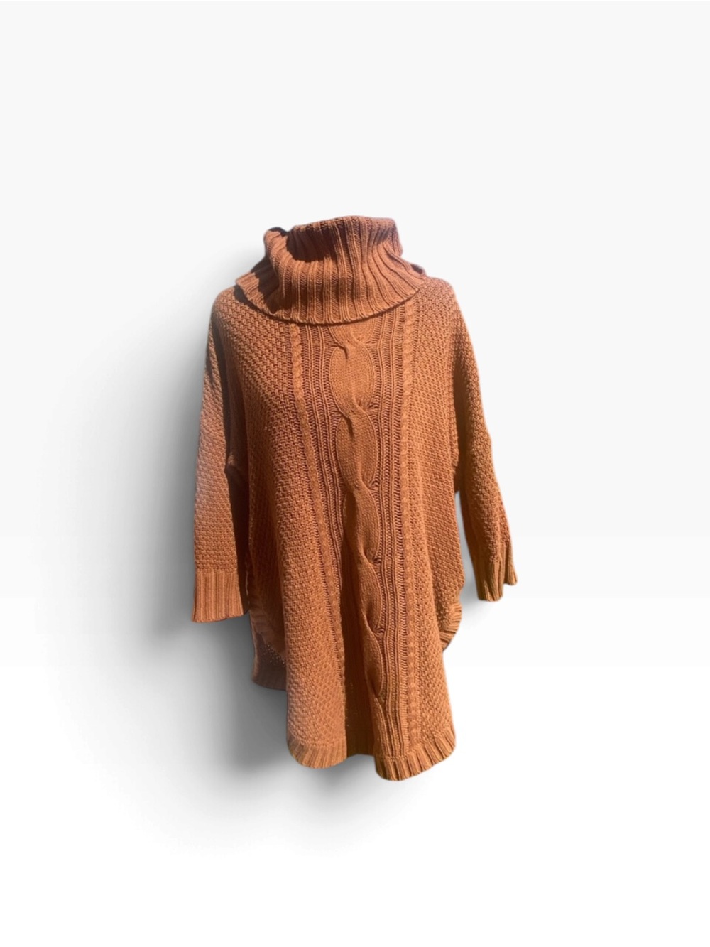 Express Womens S Brown Cable Knit Cowl Neck Oversized Poncho Sweater Tunic Fall